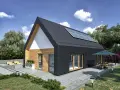 Nowoczesny projekt domu 100m2 z panelami słonecznymi na dachu, drewnianą elewacją i tarasem z jadalnią na świeżym powietrzu.