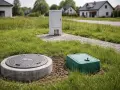 Na trawiastym podwórku, obok studzienki kanalizacyjnej i zielonej skrzynki, stoi biała szafka z widocznymi przewodami, elementem sieci wysokiego napięcia.