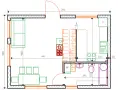 Projekt domu 35m2: rzut parteru z zaznaczonymi meblami, kuchnią, łazienką i drzwiami. Wymiary pomieszczeń.