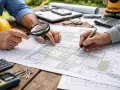 Dwóch mężczyzn analizuje mapę terenową, która przypomina dokumentację **ewidencji gruntów i budynków**. Na stole leżą kalkulator, lupa i przybory geodezyjne.