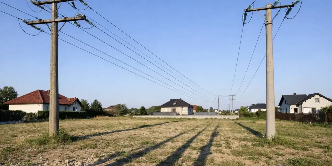 Linia średniego napięcia na działce, z której rozciągają się cienie na trawiastym terenie. W tle widać domy mieszkalne.