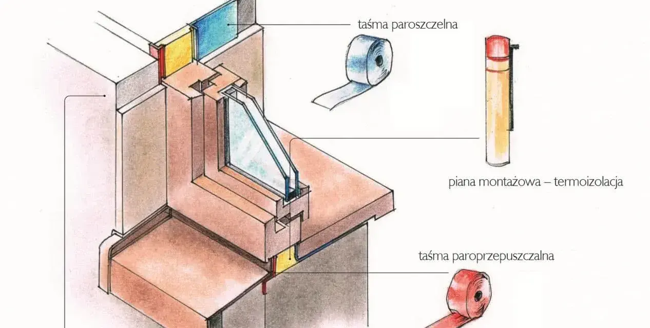 Przekrój okna z ociepleniem i taśmami. Widać tu monolityczne nadproża, pianę montażową i taśmy paroszczelną oraz paroprzepuszczalną.
