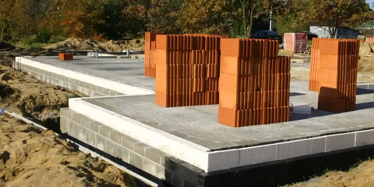 Budowa domu: betonowy fundament, bloczki, palety cegieł. Zastanawiasz się, ile kosztują fundamenty? Oto początek inwestycji.