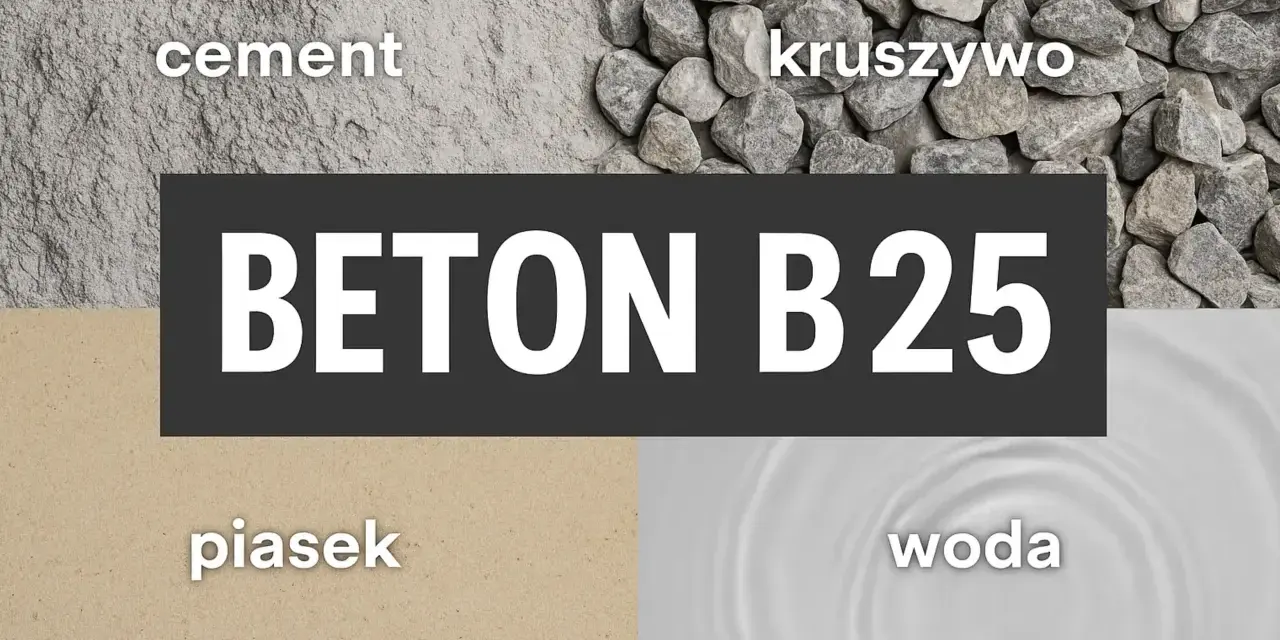 Składniki betonu B25: cement, piasek, kruszywo (żwir do betonu) i woda.