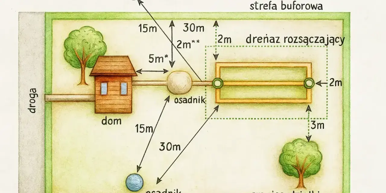 Schemat montażu szamba: dom, studnia, osadnik i drenaż rozsączający na działce z zachowaniem odległości.