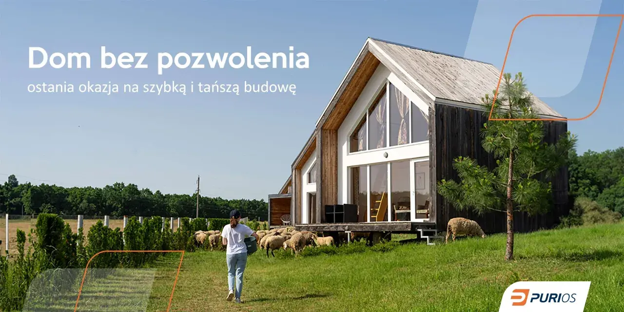 Nowy dom bez pozwolenia 100m2. Szybka i tańsza budowa. Stado owiec na zielonej łące.