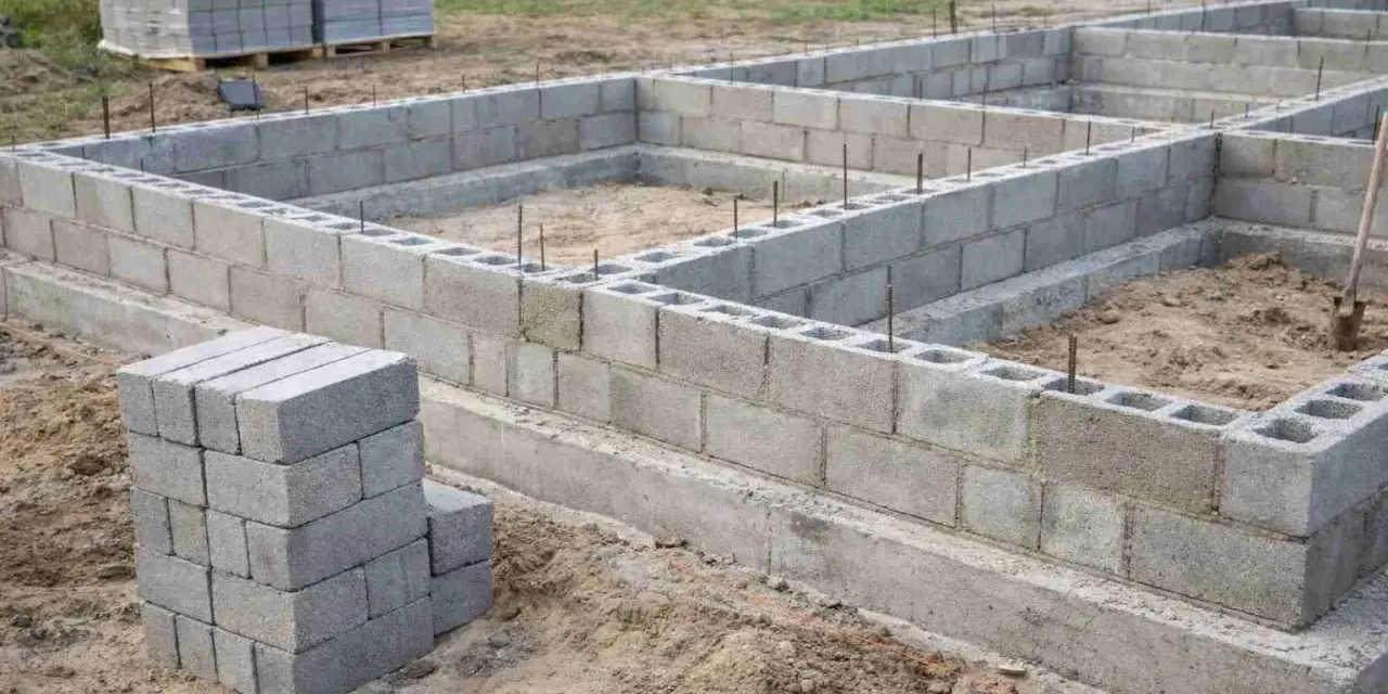 Budowa fundamentów z pustaków betonowych. Widać ułożone bloczki i zbrojenie. Jaki beton na fundament? Ten wygląda solidnie.