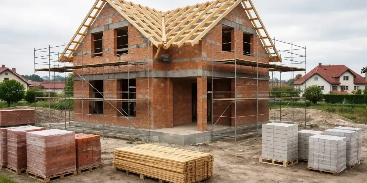 Budowa domu 120m2. Cegły, drewno i rusztowania czekają na dalsze prace. Zastanawiasz się, ile kosztują fundamenty pod dom 120m2?