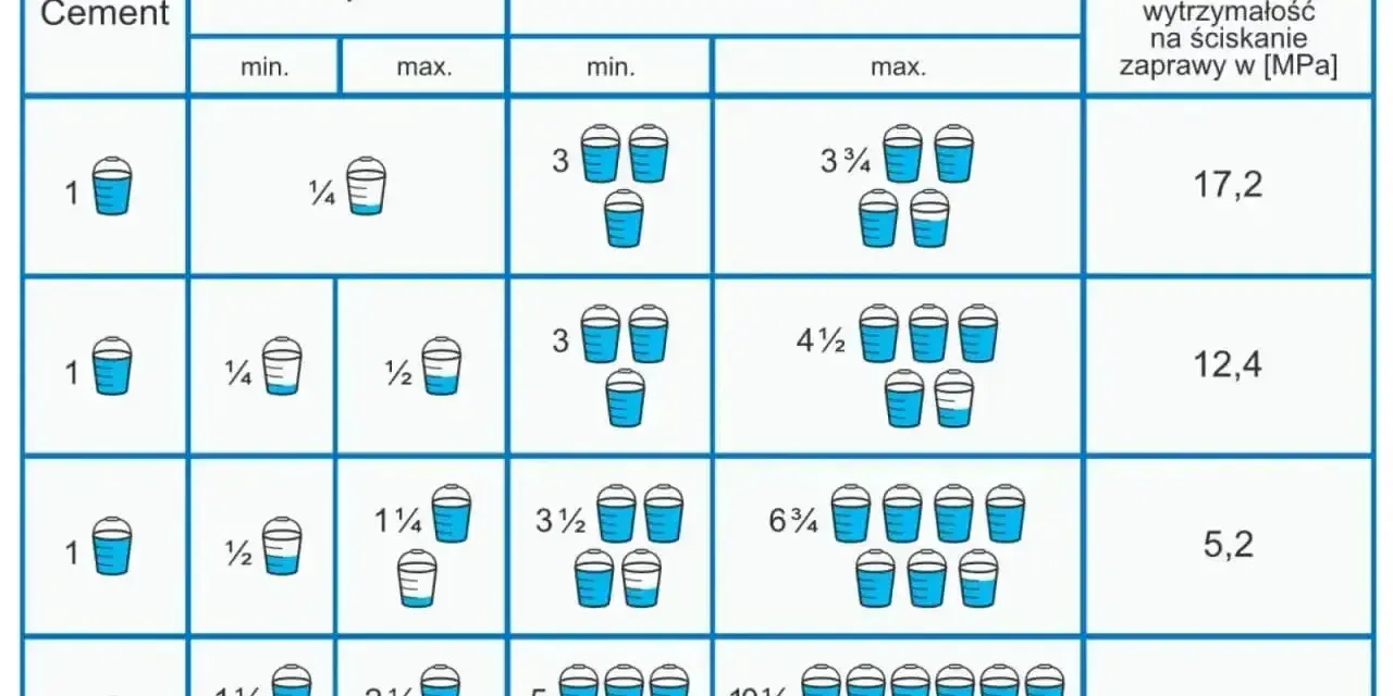 Tabela pokazuje proporcje składników zaprawy murarskiej: cementu, wapna i piasku, oraz ich wytrzymałość na ściskanie.