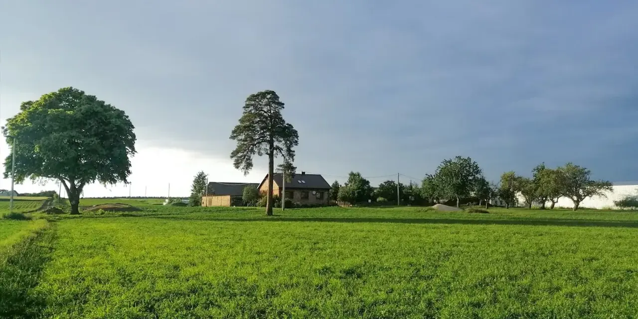 Zielone pole i domy wiejskie pod zachmurzonym niebem. Może to być krajobraz, gdzie rozważana jest opłata za wyłączenie gruntu z produkcji rolnej.