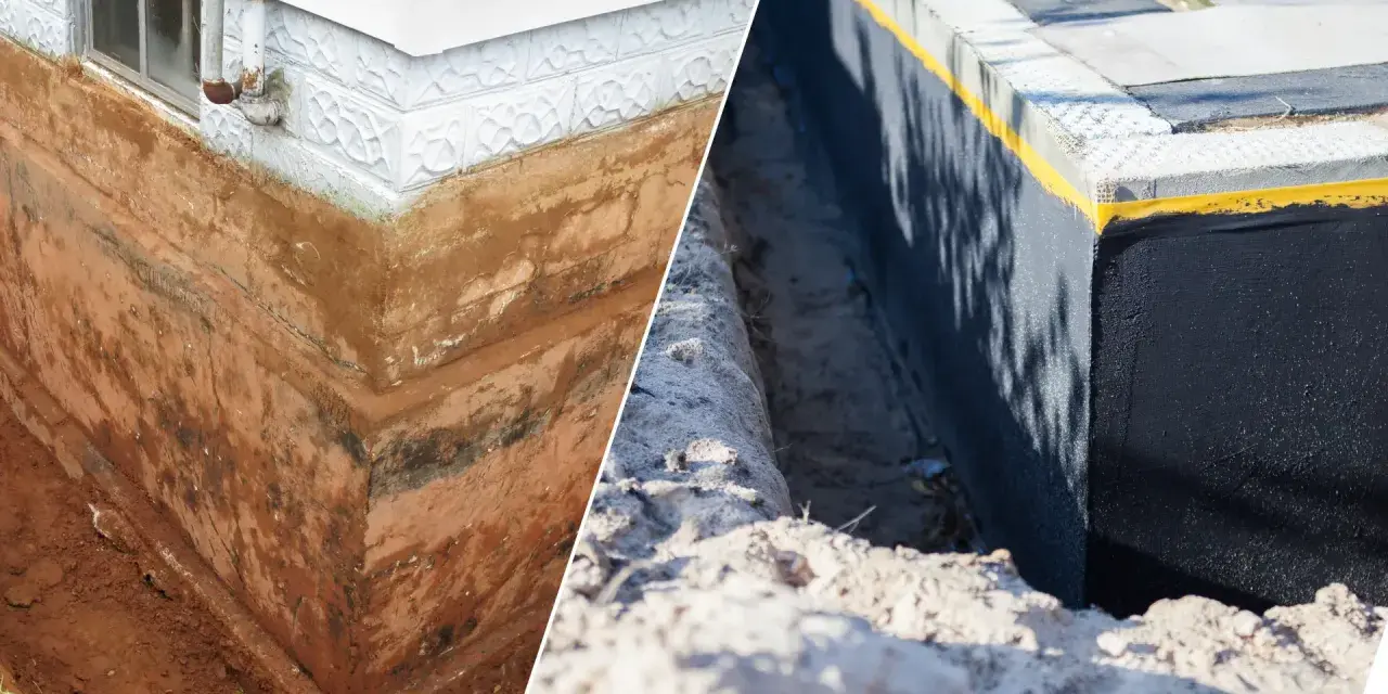 Porównanie: stary, wilgotny fundament z widocznymi warstwami ziemi i nowy, zabezpieczony czarną masą izolacyjną. Izolacja fundamentów to klucz do ochrony domu.