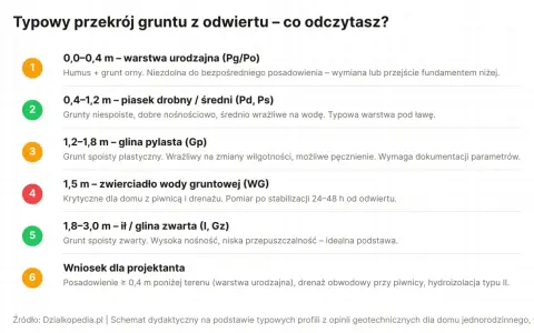 Przekrój gruntu: warstwa urodzajna, piasek, glina pylasta, zwierciadło wody, glina zwarta. Wniosek dla projektanta: posadowienie poniżej warstwy urodzajnej, drenaż, hydroizolacja. Analiza warunków geotechnicznych.