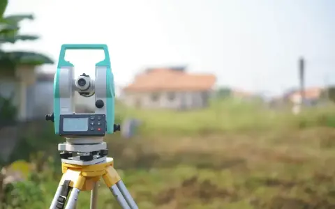 Precyzyjne wznowienie granic działki za pomocą tachimetru. Geodeta przygotowuje teren pod budowę.