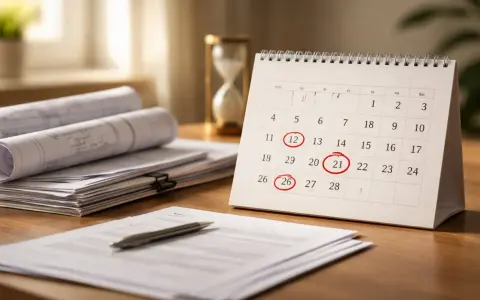 Kalendarz z zaznaczonymi datami 12, 21, 26. Dokumenty i plany budowlane sugerują, że to pytanie o to, ile trwa pozwolenie na budowę.