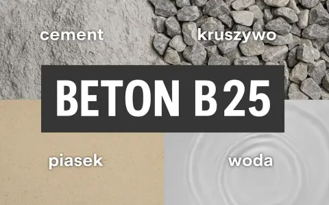 Składniki betonu B25: cement, piasek, kruszywo (żwir do betonu) i woda.