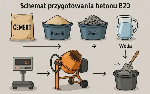 Schemat przygotowania betonu B20: cement, piasek, żwir i woda to kluczowe beton składniki.
