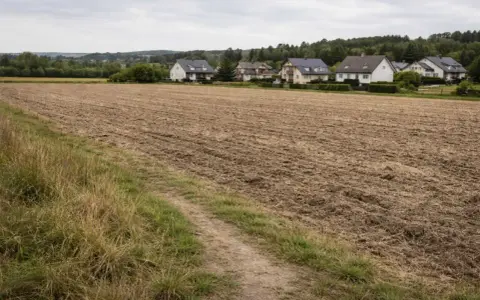 Pola z zaoranymi glebami pochodzenia organicznego, z domami w tle. Ścieżka prowadzi przez trawę do zaoranego pola.