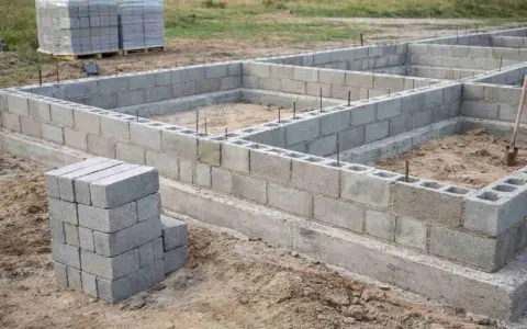 Budowa fundamentów z pustaków betonowych. Widać ułożone bloczki i zbrojenie. Jaki beton na fundament? Ten wygląda solidnie.