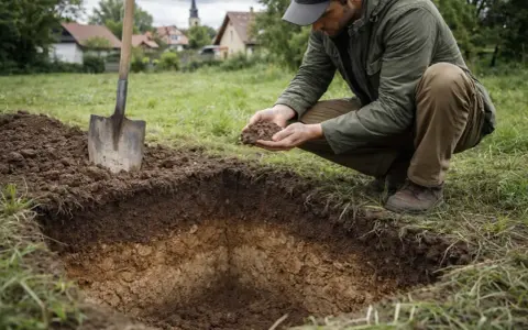 Mężczyzna w okopach analizuje próbki ziemi, wykonując badania geologiczne. Obok stoi łopata.