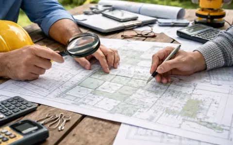 Dwóch mężczyzn analizuje mapę działek, korzystając z lupy i długopisu. Na stole leżą kalkulator, klucze i żółty kask. To praca nad rejestrem gruntów.