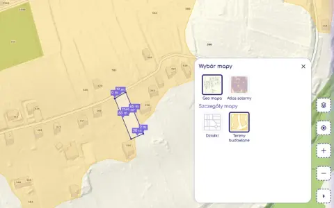 Mapa działki z wymiarami i powierzchnią. Kliknij "Działki", by sprawdzić, czy działka należy do gminy.