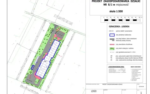 Plan zagospodarowania działki NR 8/1 z zaznaczonym parkingiem, drogami, zabudową i zielenią. Skala 1:500.