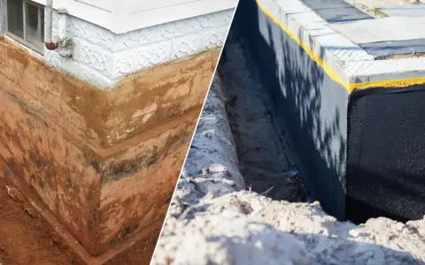 Porównanie: stary, wilgotny fundament z widocznymi warstwami ziemi i nowy, zabezpieczony czarną masą izolacyjną. Izolacja fundamentów to klucz do ochrony domu.