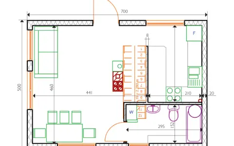 Projekt domu 35m2: rzut parteru z zaznaczonymi meblami, kuchnią, łazienką i drzwiami. Wymiary pomieszczeń.