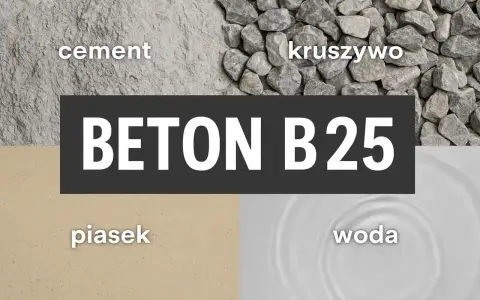 Składniki betonu B25: cement, kruszywo, piasek i woda. Kluczowe są odpowiednie proporcje cementu i piasku.