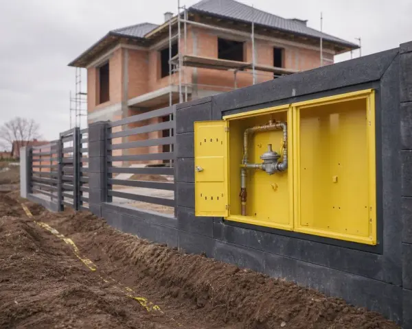 Żółta skrzynka z przyłączem gazowym na tle budowy domu. Widoczny fragment instalacji gazowej, regulator ciśnienia. Przyłącze gazowe krok po kroku.