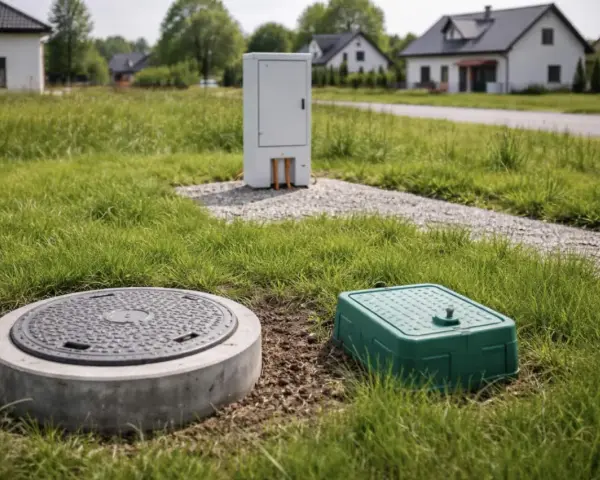 Na trawiastym podwórku widać betonowy właz i zieloną skrzynkę, a w tle białą szafę techniczną. To elementy infrastruktury, które tworzą **strefy ochronne** wokół domów.