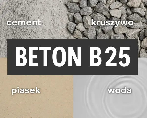 Składniki betonu B25: cement, piasek, kruszywo (żwir do betonu) i woda.