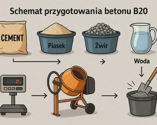 Schemat przygotowania betonu B20: cement, piasek, żwir i woda to kluczowe beton składniki.