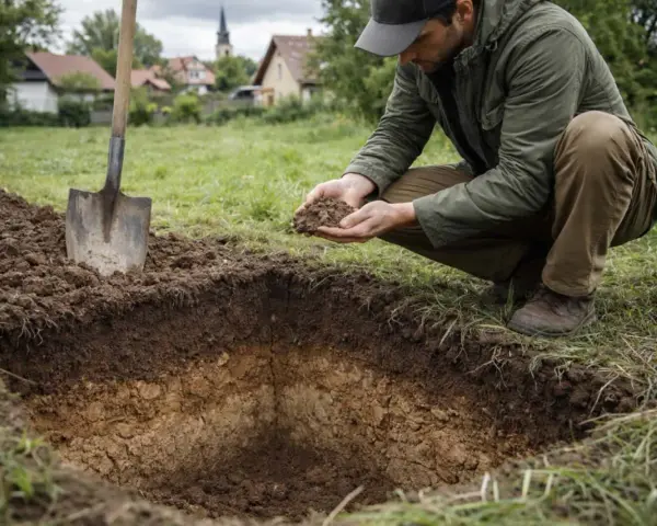 Mężczyzna bada ziemię po wykonaniu odwiertów geotechnicznych. Widać wykop i łopatę.