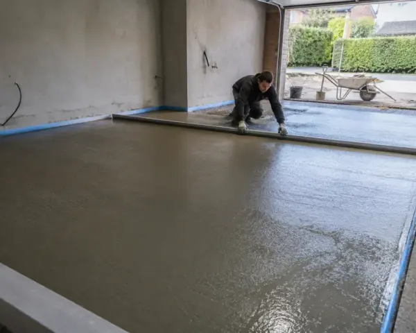 Pracownik wyrównuje świeżą wylewkę betonową na zewnątrz, przygotowując podjazd.