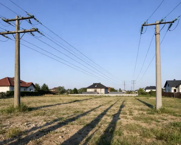 Linia 750kV przecina spokojną wieś, gdzie nowoczesne domy sąsiadują z potężnymi słupami energetycznymi.
