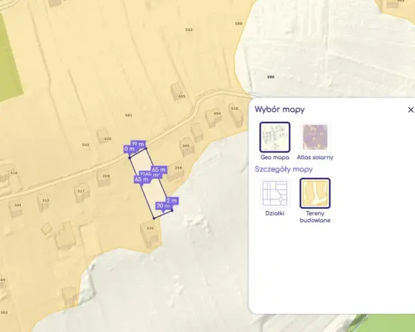 Mapa działki z wymiarami i powierzchnią. Kliknij "Działki", by sprawdzić, czy działka należy do gminy.