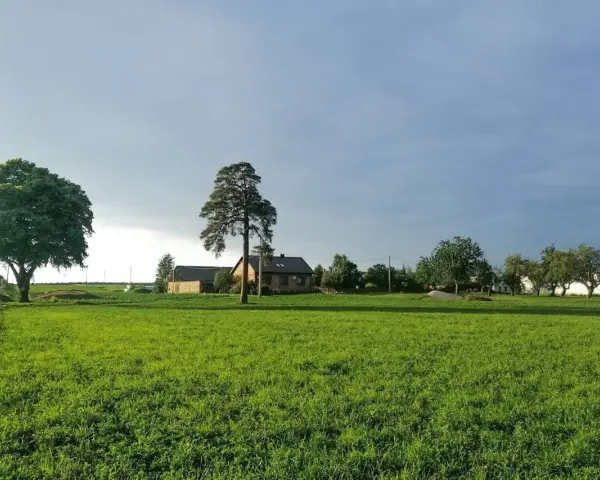 Zielone pole i domy wiejskie pod zachmurzonym niebem. Może to być krajobraz, gdzie rozważana jest opłata za wyłączenie gruntu z produkcji rolnej.