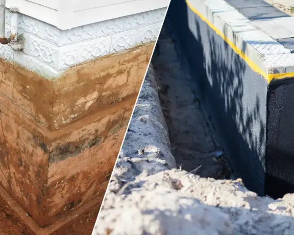 Porównanie: stary, wilgotny fundament z widocznymi warstwami ziemi i nowy, zabezpieczony czarną masą izolacyjną. Izolacja fundamentów to klucz do ochrony domu.