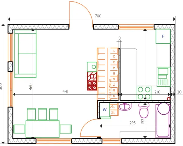 Projekt domu 35m2: rzut parteru z zaznaczonymi meblami, kuchnią, łazienką i drzwiami. Wymiary pomieszczeń.