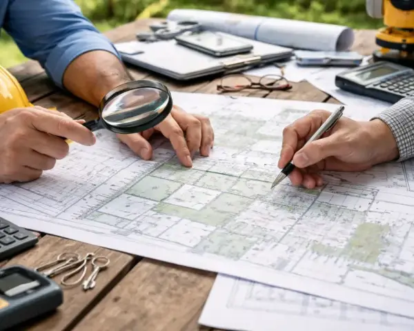 Dwóch mężczyzn analizuje mapę terenową, która przypomina dokumentację **ewidencji gruntów i budynków**. Na stole leżą kalkulator, lupa i przybory geodezyjne.