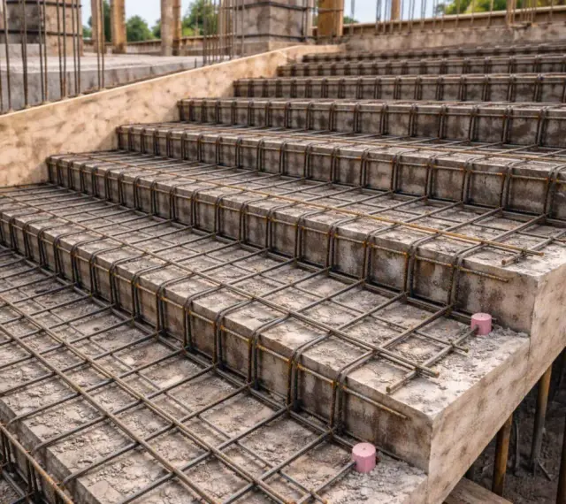 Gotowe do zalania betonem zbrojenie schodów, tworzące solidną konstrukcję. Stalowe pręty ułożone w siatkę zapewnią wytrzymałość.