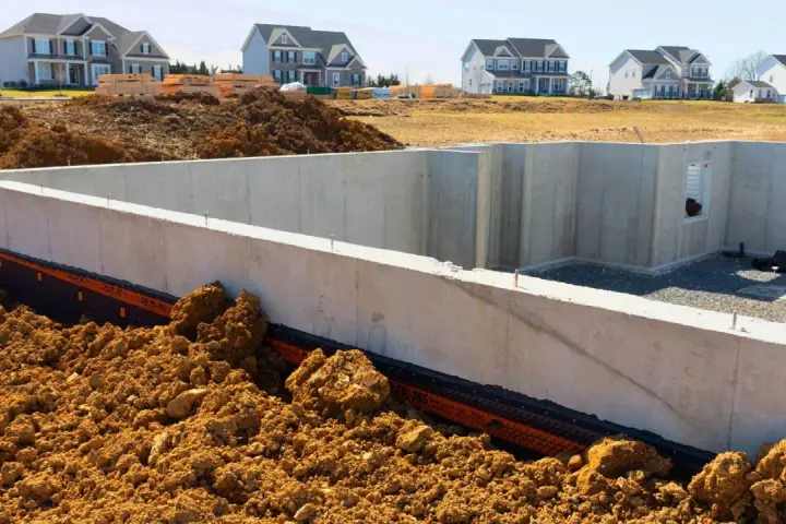 Betonowa ława fundamentowa w wykopie, otoczona ziemią. W tle nowe domy w budowie.