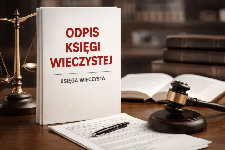 Odpis księgi wieczystej: kto może uzyskać ten dokument? Na biurku prawnika leży księga, waga sprawiedliwości i młotek sędziowski.