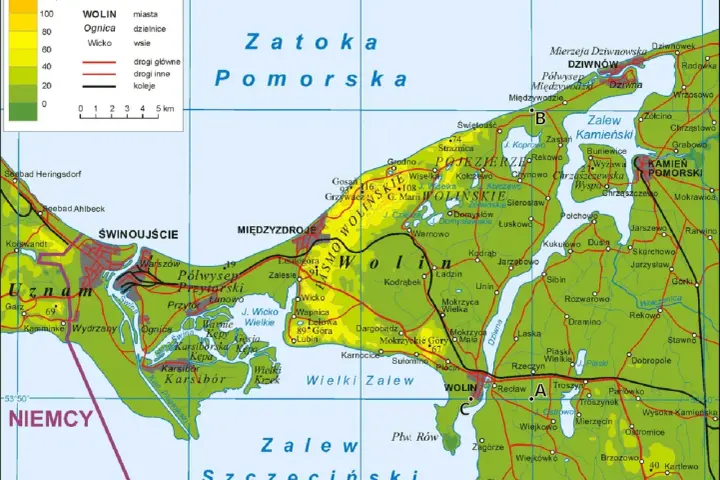 Mapa pokazuje, jak wyszukać miejsce po współrzędnych na Półwyspie Wolińskim.