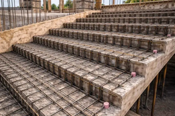Gotowe do zalania betonem zbrojenie schodów, tworzące solidną konstrukcję. Stalowe pręty ułożone w siatkę zapewnią wytrzymałość.