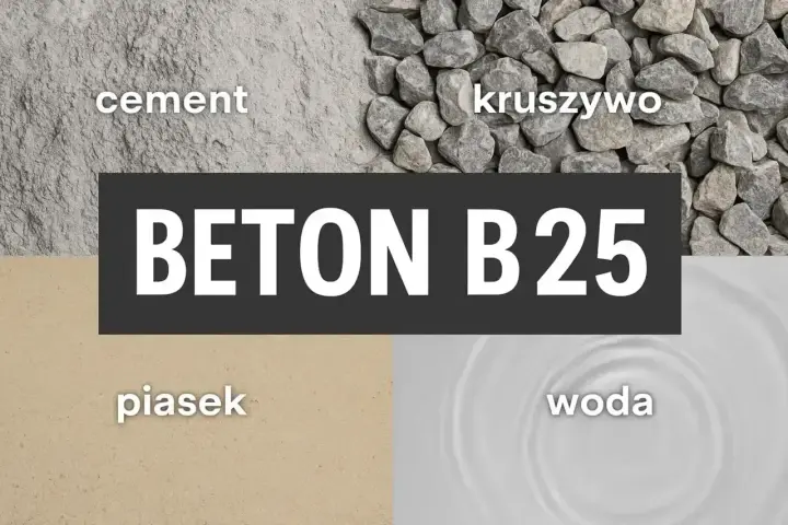 Składniki betonu B25: cement, kruszywo, piasek i woda. Kluczowe są odpowiednie proporcje cementu i piasku.