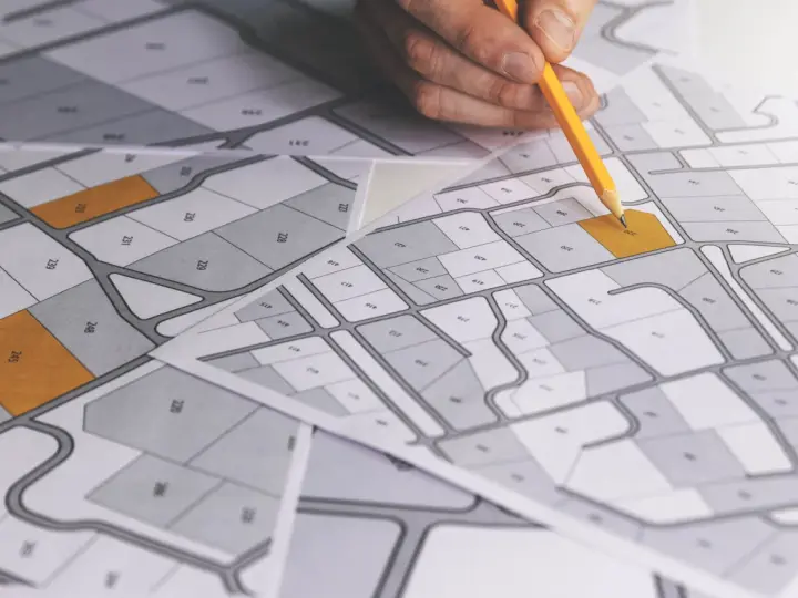 Rysunek geodezyjny z zaznaczonymi działkami, ręka z ołówkiem planuje scalenie gruntów.