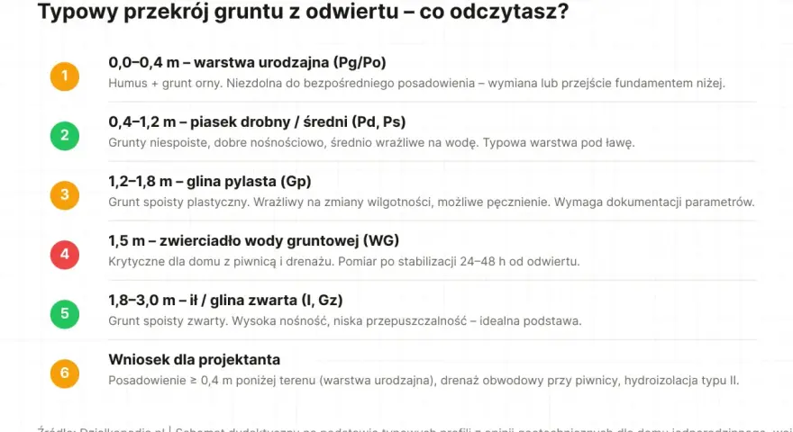 Przekrój gruntu: warstwa urodzajna, piasek, glina pylasta, zwierciadło wody, glina zwarta. Wniosek dla projektanta: posadowienie poniżej warstwy urodzajnej, drenaż, hydroizolacja. Analiza warunków geotechnicznych.