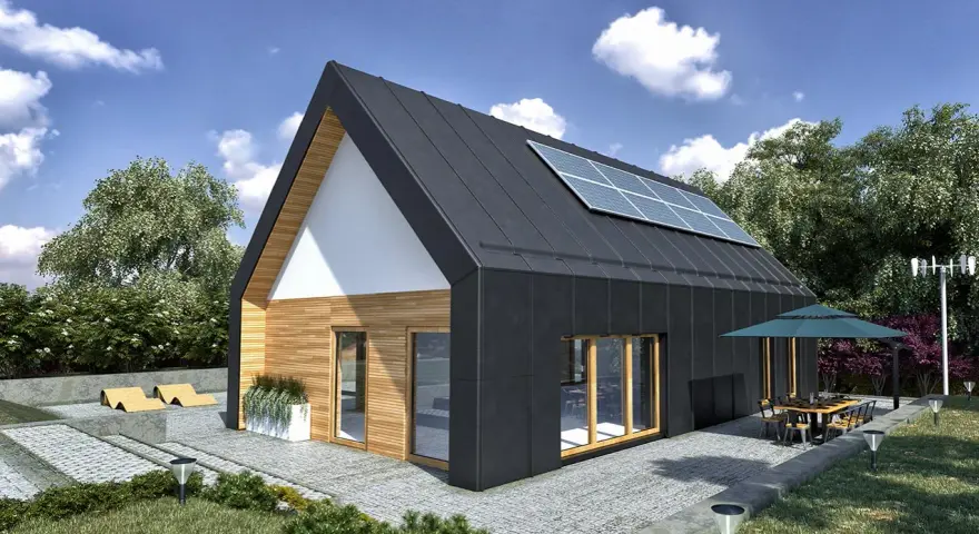 Nowoczesny projekt domu 100m2 z panelami słonecznymi na dachu, drewnianą elewacją i tarasem z jadalnią na świeżym powietrzu.